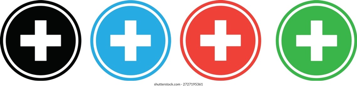 Set of four flat black circular plus sign icons, addition symbol buttons and positive mathematical cross vector illustrations
