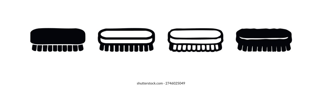 Conjunto de cuatro iconos planos de cepillo negro dibujado a mano. Herramienta de Limpieza Ilustraciones en Varios Estilos.