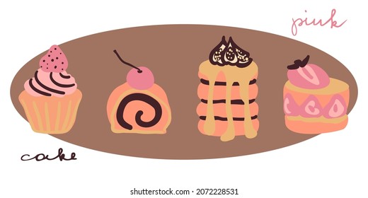 Set of four flat cakes vector illustration. Pink pastel colored simple cake poster. Strawberry cupcake, cherry cake roll, figs layered cake, strawberry french style cake. Letters. Brown background.