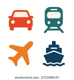 A set of four flat color transport icons: car, train, plane, and ship, in complementary colors.