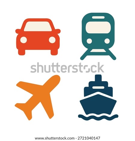 A set of four flat color transport icons: car, train, plane, and ship, in complementary colors.