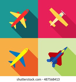 set of four flat design airplanes in colorful squares. airplane flat design vector