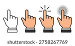 Set of four flat design hand pointer cursor icons including outline, color, and clicking animation styles for UIUX web design isolated on white background