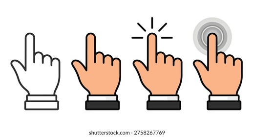 Set of four flat design hand pointer cursor icons including outline, color, and clicking animation styles for UIUX web design isolated on white background