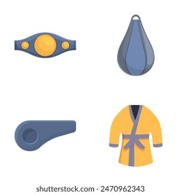 Set of four flat design icons representing different martial arts equipment