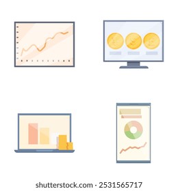 Set of four flat design icons representing financial analytics and cryptocurrency on digital displays