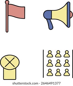 A set of four flat design icons on a white background. The top left shows a muted red flag on a pole. The top right features a yellow and blue megaphone.  
