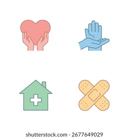 Un conjunto de cuatro iconos de diseño plano: manos que sostienen un corazón, manos enguantadas, un edificio de hospital con una cruz y dos vendajes adhesivos cruzados. Colores pastel con contornos finos.