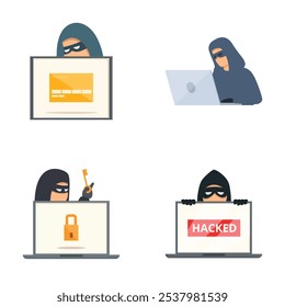 Conjunto de cuatro ilustraciones de diseño plano que representan hackers con computadoras portátiles y símbolos de seguridad