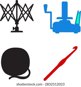 Set of four flat featuring a black yarn swift, blue yarn ball winder, black yarn ball, and a red crochet hook on a white background