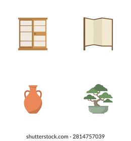 Set of four flat featuring a traditional japanese sliding door, a folding room divider, a ceramic vase, and a potted bonsai tree