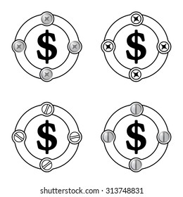 Set of four flat frames and dollar symbol