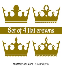 Set of four flat golden crowns on white background