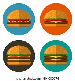 Set of four flat hamburgers in different shapes and with different ingredients. Fast food burger icons.