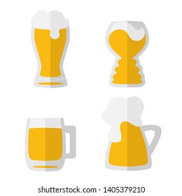 Set of four flat hand drawn beer mug icons isolated on white. Yellow, orange, grey. Beer day, party concept