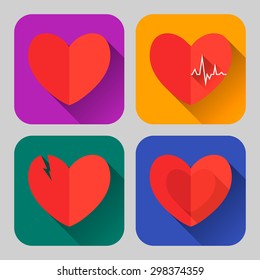 Set of four flat heart icons. Long shadows. Vector illustration.