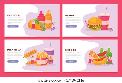 Set of four flat horizontal banners with fast food drinks and human characters isolated on pink background vector illustration