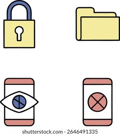 A set of four flat icons arranged in a two-by-two grid on a white background. The top left icon is a yellow padlock with a blue shackle and a black keyhole.  