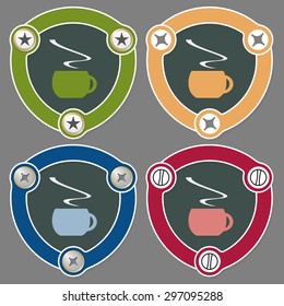 Set of four flat icons and cup of coffee