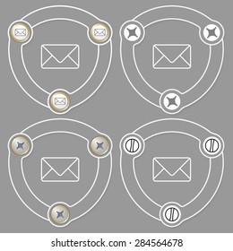 Set of four flat icons and envelope