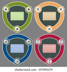 Set of four flat icons and envelope