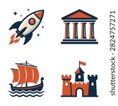 Set of four flat icons featuring historical and modern symbols