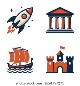 Set of four flat icons featuring historical and modern symbols