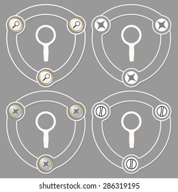 Set of four flat icons and magnifier