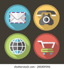 Set of Four Flat Icons on Circular Colored Minimal Buttons with Shadows (email, vintage telephone, globe and trolley).