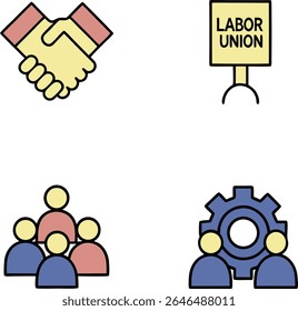 A set of four flat icons on a white background. The top left shows a handshake in yellow and red. The top right displays a yellow sign with black text reading "LABOR UNION". 
