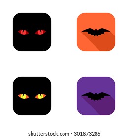 A set of four flat icons on a theme of Halloween with a bat and scary eyes and a flat shadow in a modern style black, orange and dark purple.