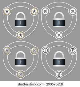 Set of four flat icons and padlock