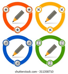 Set of four flat icons and pencil