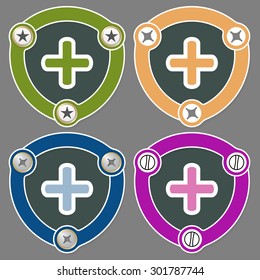 Set of four flat icons and plus symbol