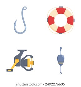 Set of four flat icons representing fishing hook, lifebuoy, reel, and lure