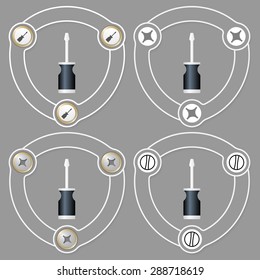 Set of four flat icons and screwdriver