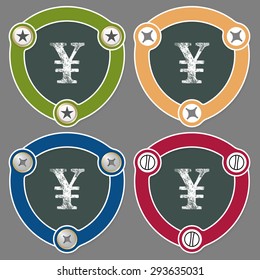 Set of four flat icons and the symbol of yen