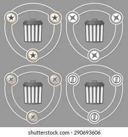 Set of four flat icons and trashcan