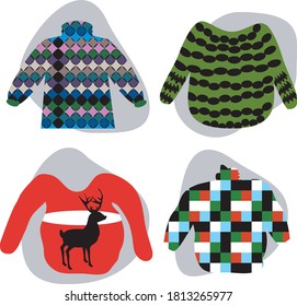 Set of four flat illustrations of ugly Christmas sweaters.