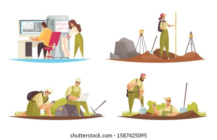 Set of four flat isolated geologist compositions with doodle style human characters and technical equipment items vector illustration