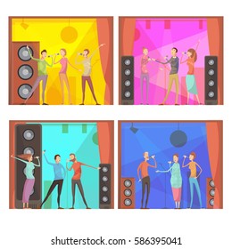 Set of four flat karaoke party compositions with group of singing friends characters in club interior vector illustration