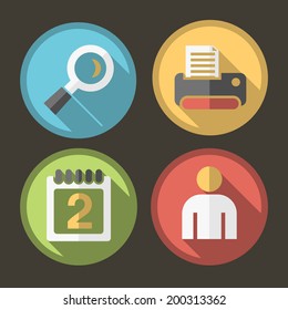 Set of Four Flat Multimedia Icons on Circular Colored Minimal Buttons with Shadows (magnifying glass, printer, calendar and person) on Black Background.