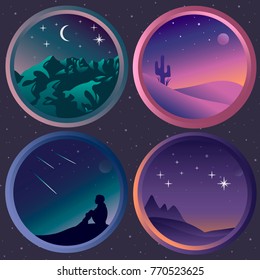 Set with four  flat night landscapes with stars  and the moon. Mountain view at night. Desert view at night. Comets. Ursa Minor