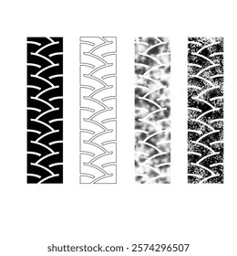 Set of four flat, outline and grunge tire track silhouetter. Semi truck wheel path isolated on white background. Tire pressure for wheels of different vehicles