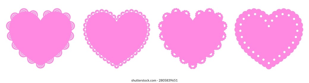 Set of four flat pink heart shapes featuring scalloped lace borders and decorative dotted edges