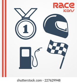 Set of four flat racing icons - medal, helmet, flag, gas station