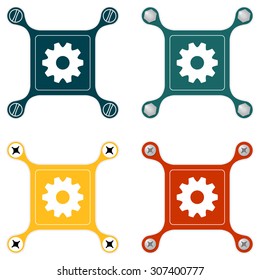 Set of four flat simple icons with screws and cogwheels