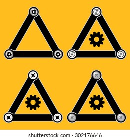 Set of four flat simple triangles with screws and cogwheels