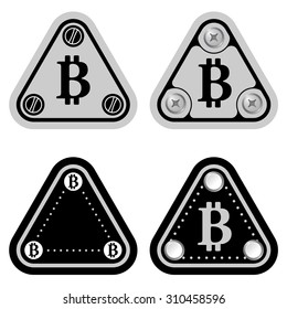 Set of four flat simple triangles and bit coin symbol