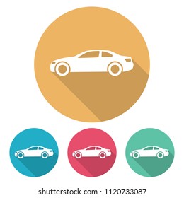 Set of four flat style cars in multi colored circles with shadow. Vector illustration
